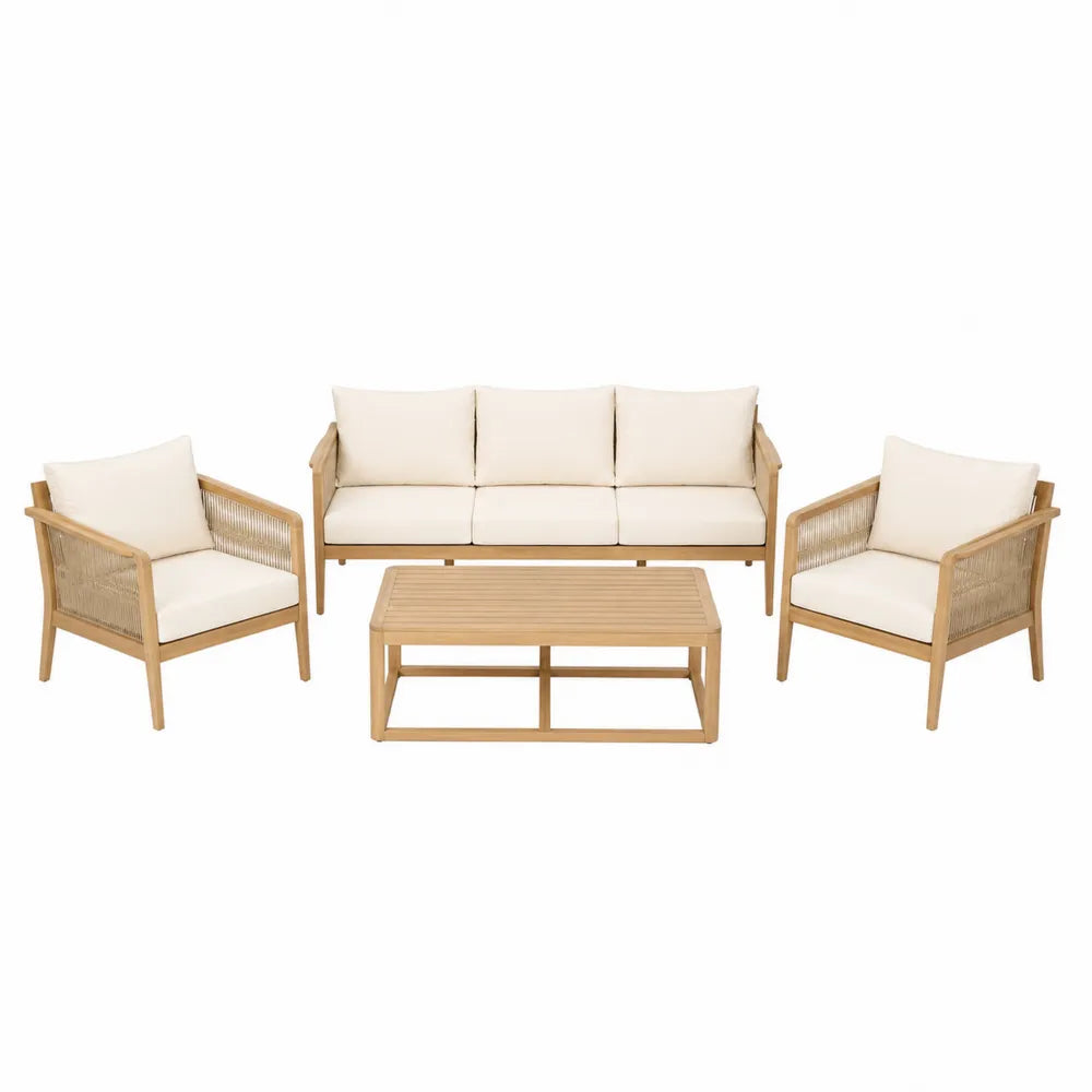 Set salotto da esterno in legno di acacia 3 posti con 2 poltrone e tavolino con piano a doghe cuscini in tessuto poliestere colore naturale e beige