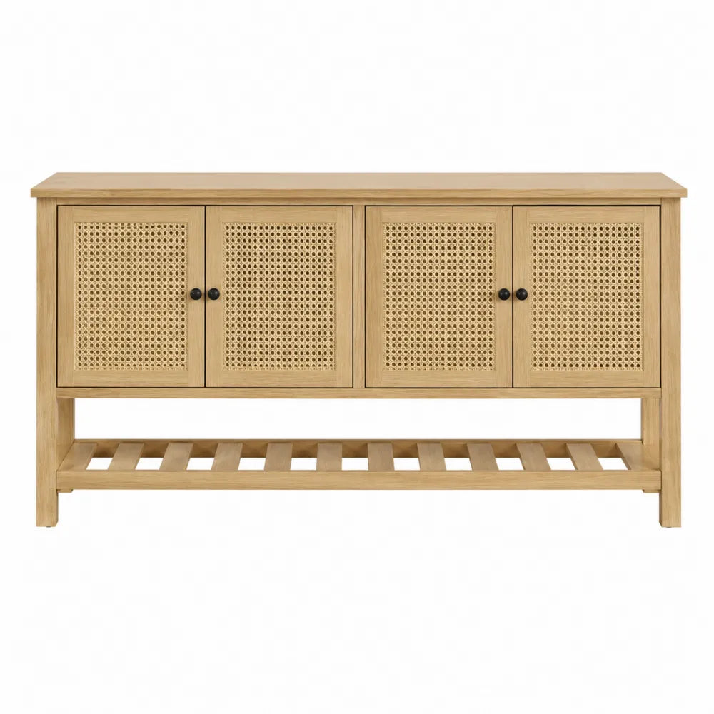 Credenza buffet contenitore in MDF effetto rovere naturale con 4 ante in rattan e ripiano inferiore aperto 140 cm x 40 cm x 80 cm