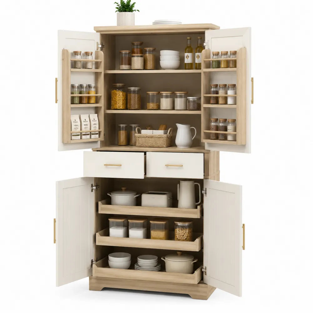 Credenza dispensa 120 x 40 x 180 cm in MDF effetto legno naturale e bianco con ante a battente ripiani cassetti e porta spezie