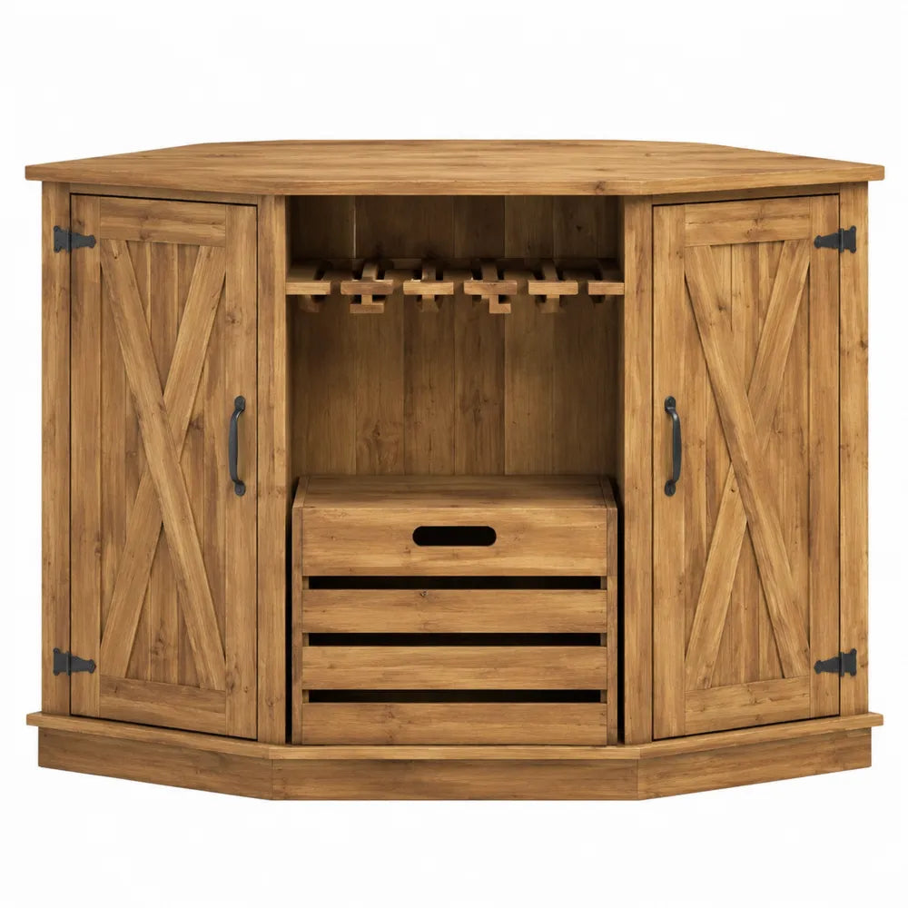 Credenza buffet in legno con portabottiglie ante rustiche effetto naturale e metallo nero 150x40x85 cm