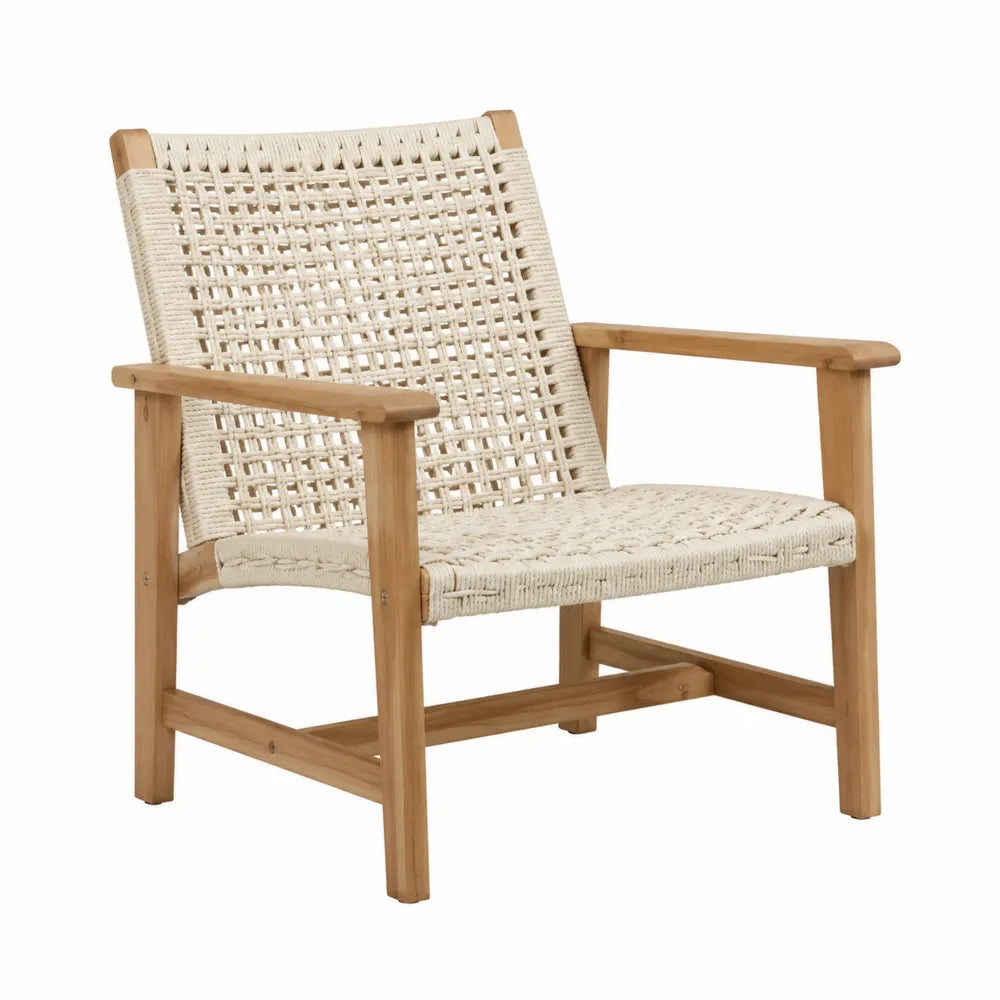 Poltrona da esterno con braccioli in legno di acacia seduta e schienale in corda intrecciata beige 75 x 70 x 80 cm