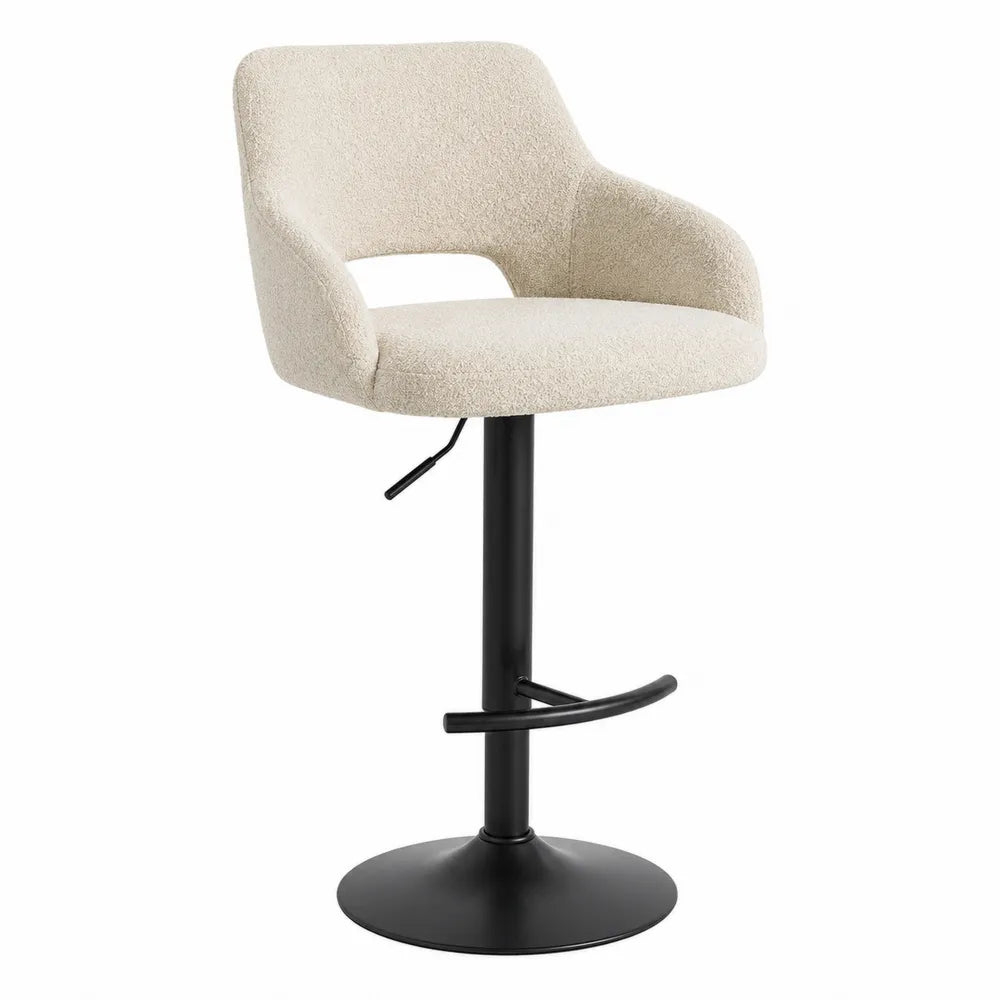 Sgabello da bar regolabile con braccioli e schienale imbottito tessuto beige base in metallo nero 45x45x85-105 cm