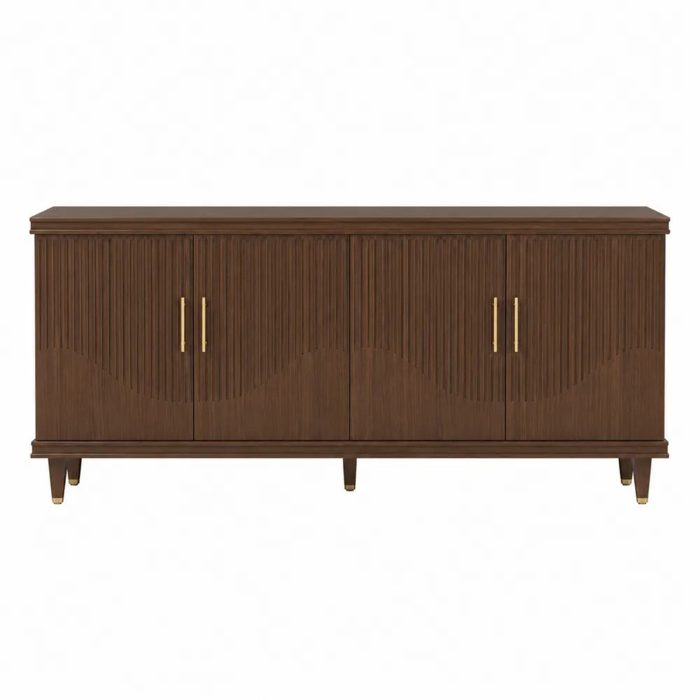 Credenza buffet 180 x 45 x 80 cm in MDF impiallacciato noce scuro con 4 ante scanalate maniglie oro e gambe in legno