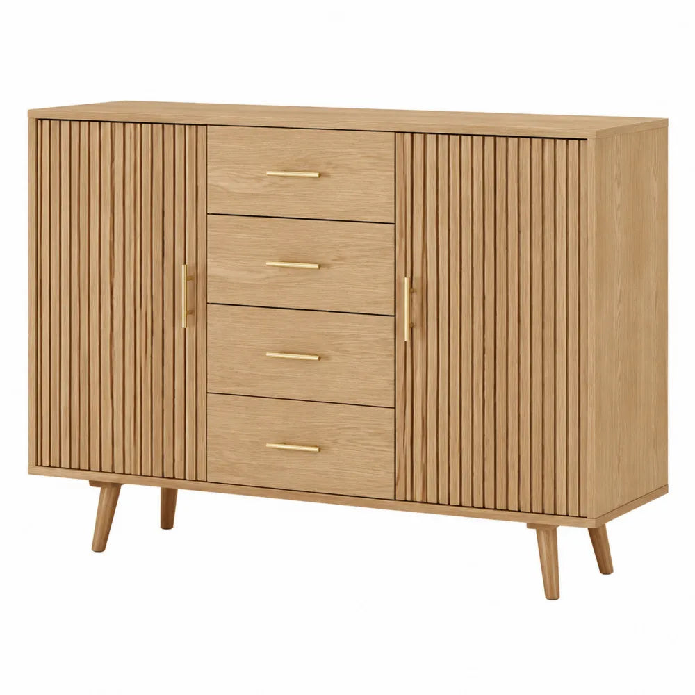 Credenza buffet in MDF effetto rovere chiaro con ante scanalate e 4 cassetti 140x40x80 cm