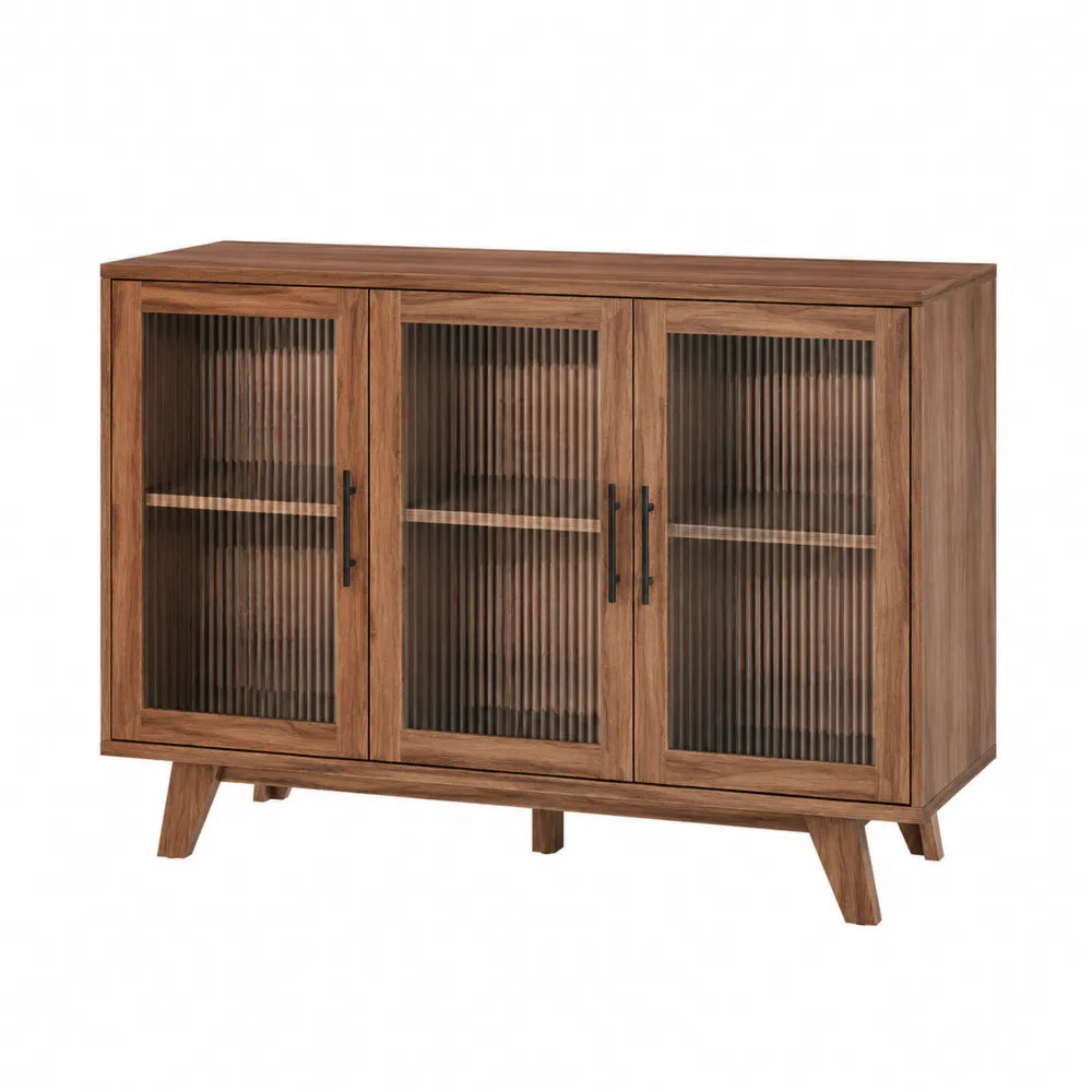 Credenza buffet contenitore in legno effetto noce con 3 ante in vetro rigato struttura in MDF gambe inclinate 140 cm x 40 cm x 85 cm