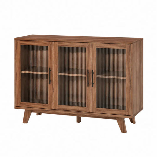 Credenza buffet contenitore in legno effetto noce con 3 ante in vetro rigato struttura in MDF gambe inclinate 140 cm x 40 cm x 85 cm