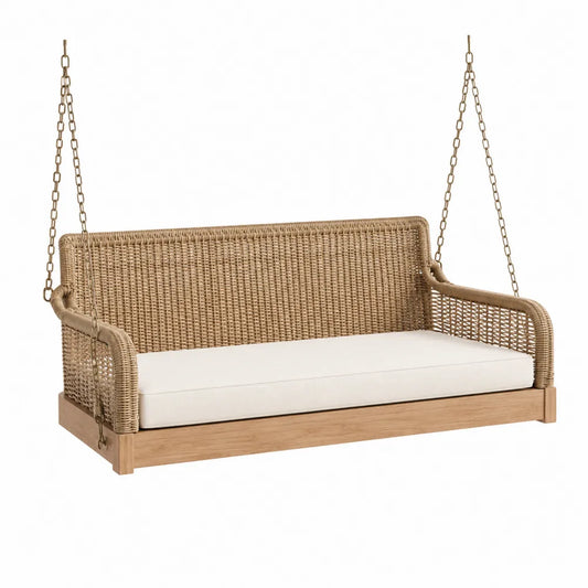Divano sospeso da esterno in rattan sintetico con catene metalliche e cuscino beige struttura in legno 180 x 70 x 60 cm