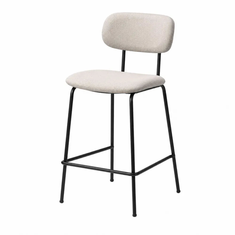Sgabello da bar con schienale imbottito struttura in acciaio nero seduta in tessuto beige 45 cm x 50 cm x 95 cm
