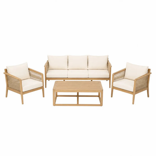 Set salotto da esterno in legno di acacia 3 posti con 2 poltrone e tavolino con piano a doghe cuscini in tessuto poliestere colore naturale e beige
