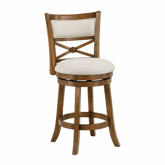 Sgabello da bar in legno massello con seduta imbottita schienale rivestito in tessuto beige e struttura 45x52x95 cm colore marrone e beige