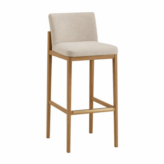 Sgabello da bar 45 x 50 x 95 cm con seduta imbottita in tessuto beige struttura in legno naturale e poggiapiedi oro