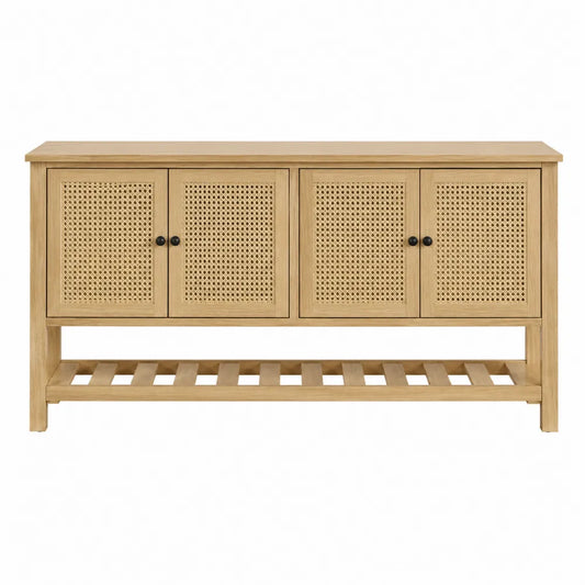 Credenza buffet contenitore in MDF effetto rovere naturale con 4 ante in rattan e ripiano inferiore aperto 140 cm x 40 cm x 80 cm