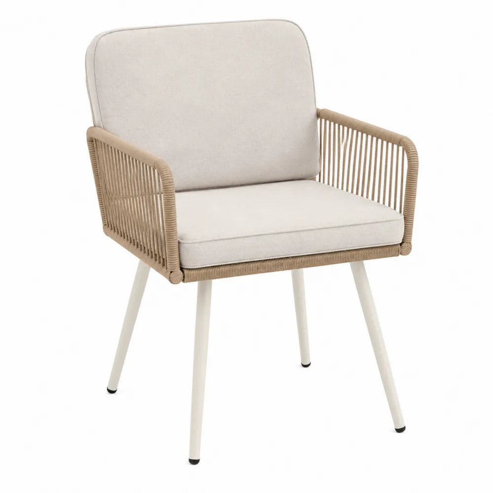 Poltrona da esterno con braccioli in corda PE intrecciata struttura in alluminio bianco e cuscini beige 60 x 65 x 80 cm