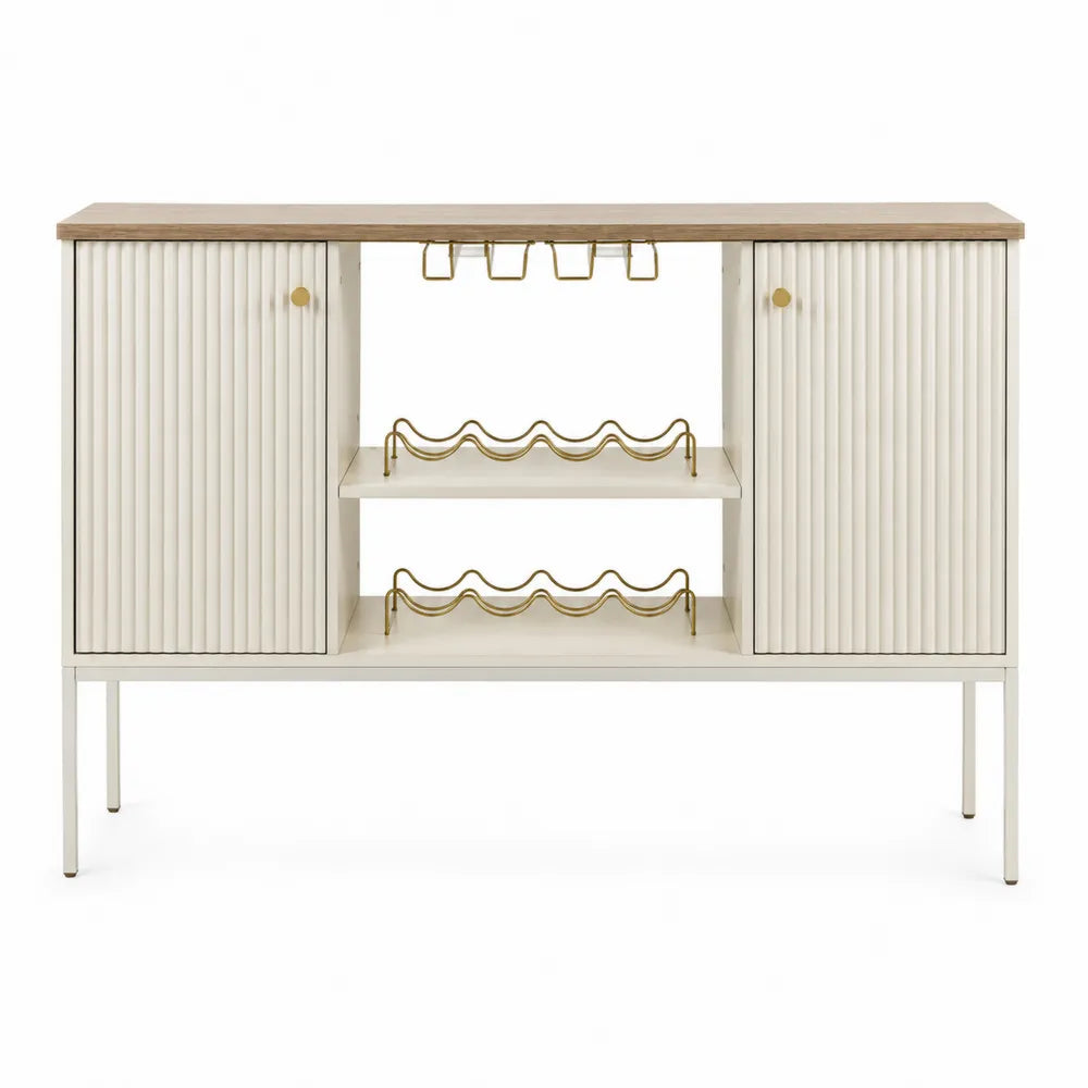 Mobile bar portabottiglie 140 x 40 x 95 cm in MDF bianco crema con piano effetto legno ante scanalate e dettagli oro