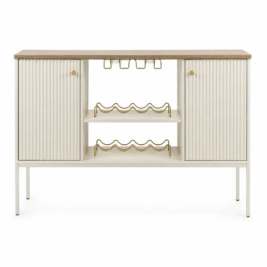 Mobile bar portabottiglie 140 x 40 x 95 cm in MDF bianco crema con piano effetto legno ante scanalate e dettagli oro