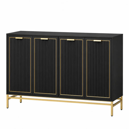 Credenza buffet in MDF con 4 ante scanalate e base in metallo dorato 160x40x80 cm colore nero e oro