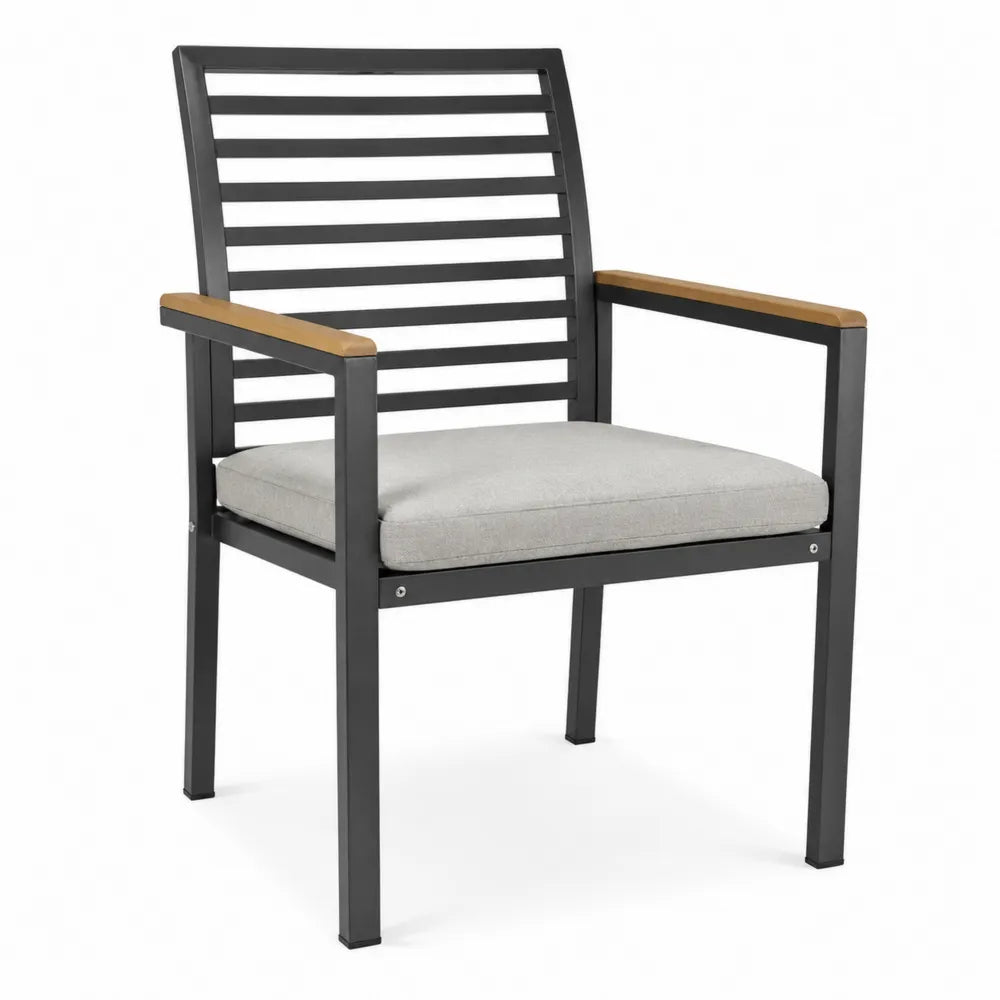 sedia da esterno in acciaio verniciato nero con braccioli in legno di acacia cuscino grigio 60x62x85 cm