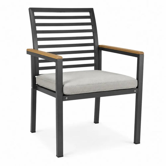 sedia da esterno in acciaio verniciato nero con braccioli in legno di acacia cuscino grigio 60x62x85 cm
