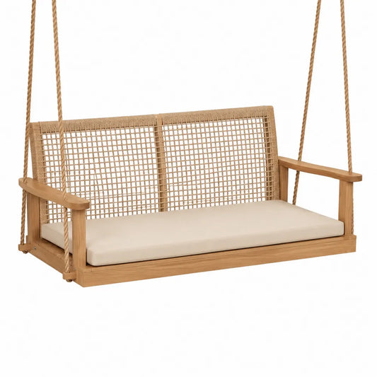 Dondolo sospeso rettangolare da esterno in legno di acacia con schienale in rattan PE cuscino beige e corde 130 x 65 x 60 cm