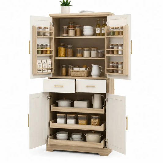 Credenza dispensa 120 x 40 x 180 cm in MDF effetto legno naturale e bianco con ante a battente ripiani cassetti e porta spezie