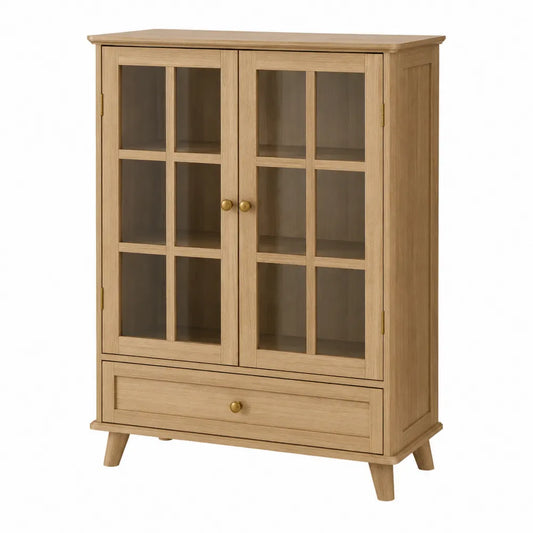 Credenza buffet in MDF con ante in vetro a griglia e cassetto inferiore 90x40x130 cm colore rovere naturale vetro e oro