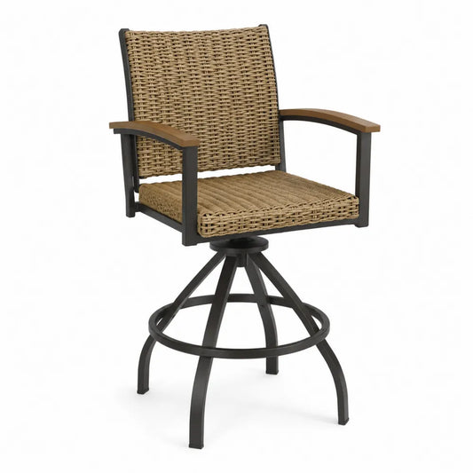 sedia bar da esterno girevole in acciaio verniciato nero con seduta in rattan PE intrecciato e braccioli in legno naturale 60x60x110 cm