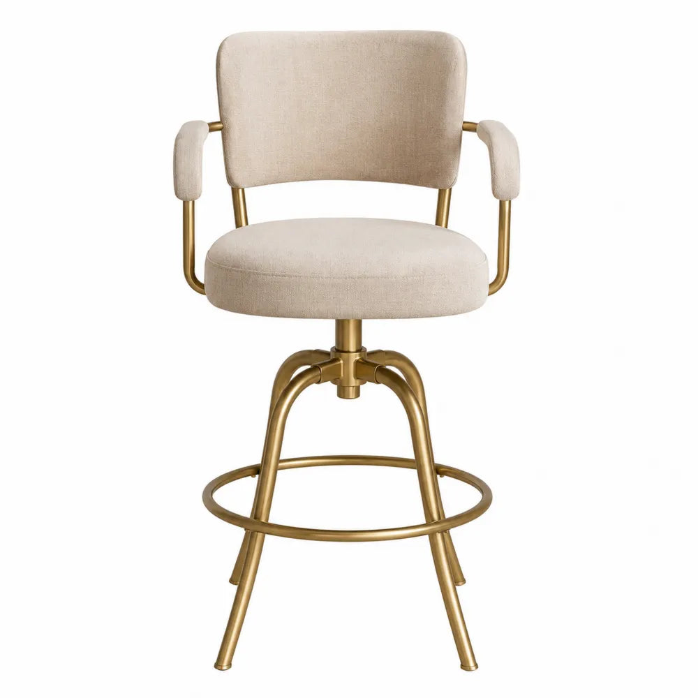 Sgabello da bar con braccioli in tessuto poliestere beige e acciaio oro con poggiapiedi circolare 95 cm