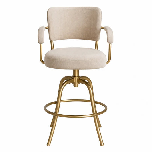 Sgabello da bar con braccioli in tessuto poliestere beige e acciaio oro con poggiapiedi circolare 95 cm