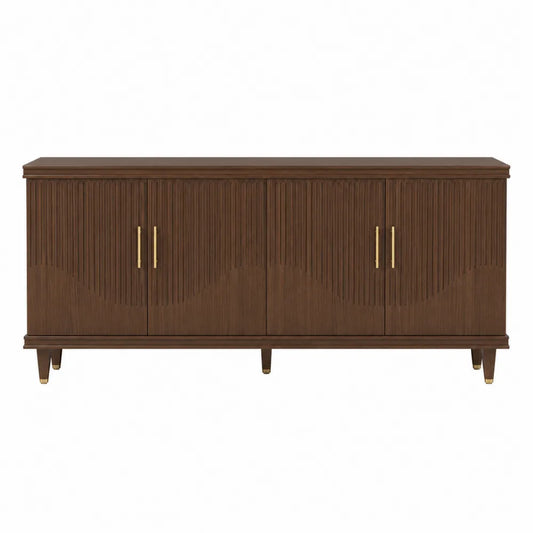 Credenza buffet 180 x 45 x 80 cm in MDF impiallacciato noce scuro con 4 ante scanalate maniglie oro e gambe in legno