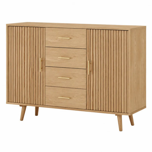 Credenza buffet in MDF effetto rovere chiaro con ante scanalate e 4 cassetti 140x40x80 cm