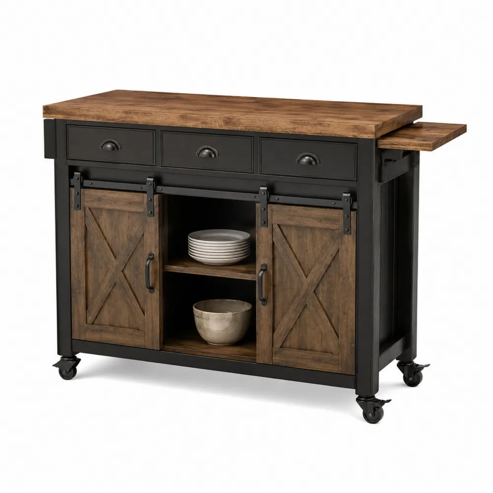 Credenza buffet industriale in legno e metallo con ruote 3 cassetti 2 ante scorrevoli e ripiano inferiore 120 cm x 40 cm x 85 cm