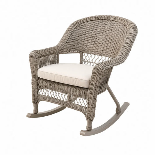 Poltrona a dondolo da esterno in rattan PE grigio taupe con cuscino beige e struttura in acciaio 70 x 80 x 85 cm