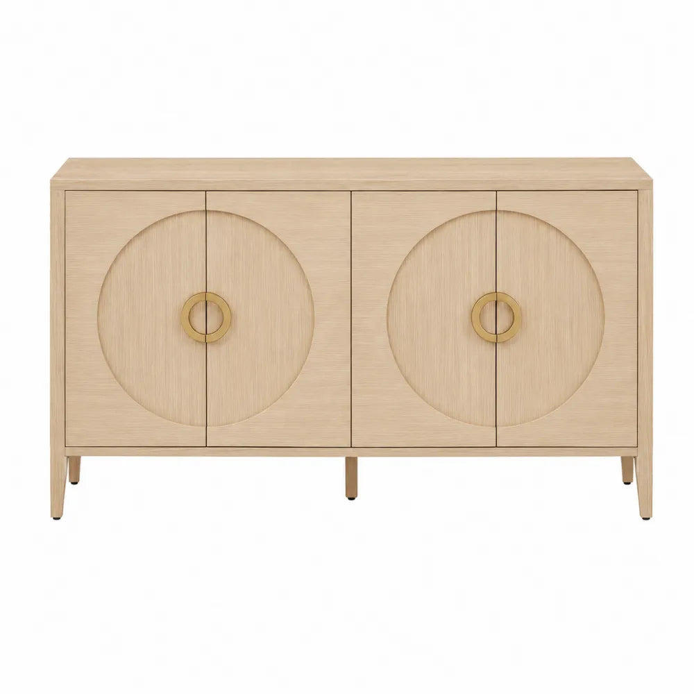 Credenza buffet 180 x 40 x 75 cm in MDF impiallacciato frassino chiaro con 4 ante motivo circolare maniglie oro e gambe in legno