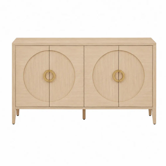 Credenza buffet 180 x 40 x 75 cm in MDF impiallacciato frassino chiaro con 4 ante motivo circolare maniglie oro e gambe in legno